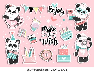 Cute set with baby pandas, cake and gift box in kawaii doodle style. Calligraphy lettering. Happy Birthday patch badges. Vector cartoon illustration