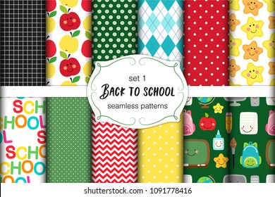 Cute set of Back to School childish seamless patterns