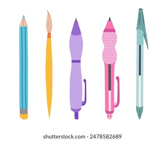 Cute set of back to school stationery in cartoon style. Hand drawn collection of pencil, pen with cap and mechanical, brush for drawing, writing. School supply and stationary for study, work.