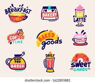 Cute Set for Bakery Shop or Coffee House Goods Design Isolated on White Background. Doodle Icons Collection of Bakery and Hot Drinks, Cup of Latte, Daily Fresh Typography. Cartoon Vector Illustration