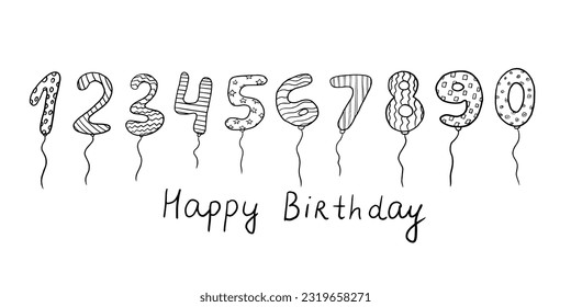 Cute set balloons  from zero to nine.Vector illustration great for decorative digits, party, birthday, children's holiday, celebrate anniversary and wedding decoration. Isolated on white background