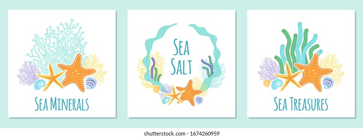 Cute set of banners with hand drawn shells and starfishes and hand written text for your decoration