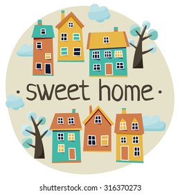 Cute set of beautiful houses with abstract trees and blue clouds