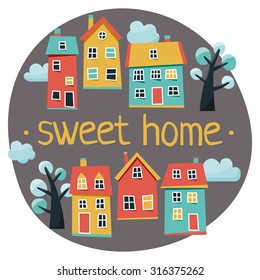 Cute set of beautiful houses with trees and blue clouds for kids