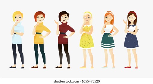 Cute set of beautiful ?arrtoon young girls with various emotion. Vector flat comic style illustration.