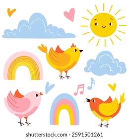 Cute set of birds, sun, clouds, hearts, rainbow illustrations. Childrens cute animals set. Childrens birthday cards, poster, invitations. Vector flat 