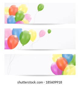 Cute set of birthday banners, invitations with glossy party balloons, vector illustration background