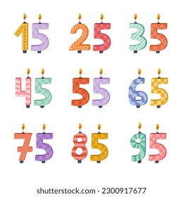 Cute set with birthday number candles from 0 to 9 with burning flames in scandinavian style. Decoration for holiday cake for celebration anniversary, birthday, wedding. Stylized hand drawn clipart.