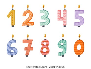 Cute set with birthday number candles from 0 to 9 with burning flames in scandinavian style. Decoration for holiday cake for celebration anniversary, birthday, wedding. Stylized hand drawn clipart.