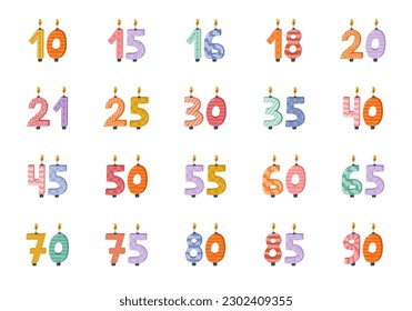 Cute set with birthday number candles from 0 to 9 with burning flames in scandinavian style. Decoration for holiday cake for celebration anniversary, birthday, wedding. Stylized hand drawn clipart.