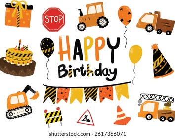 cute set birthday party in construction site theme kids boy invitation card design theme in orange black yellow colourful bright vibrant color heavy machinery digger crane clipart vector illustration
