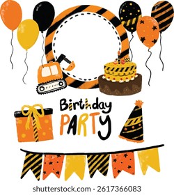 cute set birthday party in construction site theme kids boy invitation card design illustration in orange black yellow colourful bright vibrant color heavy machinery digger crane clipart vector