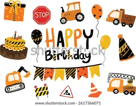 cute set birthday party in construction site theme kids boy invitation card design theme in orange black yellow colourful bright vibrant color heavy machinery digger crane clipart vector illustration