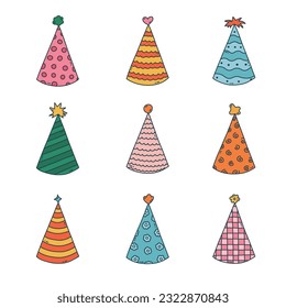 Cute set with birthday party hat in bright color with pompon above. Party cone, Christmas cap with cute decoration. Simple vector colorful doodle with hand drawn outline isolated on white background,