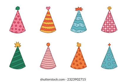 Cute set with birthday party hat in bright color with pompon above. Party cone, Christmas cap with cute decoration. Simple vector colorful doodle with hand drawn outline isolated on white background,