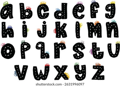 Cute set black hand drawn lowercase alphabet ABC letters font with striped road street and colorful cars vehicle transportation theme doodle crayon watercolour kids illustration clipart poster nursery