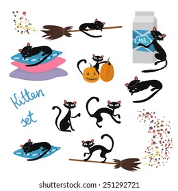 Cute set with black kitten. Vector illustration. 