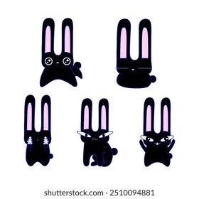 Cute set black rabbit in various emotions and poses. Animal in cartoon style, vector illustration collection. Ideal for stickers, patches, print, for fabric, social media post, packaging, card.
