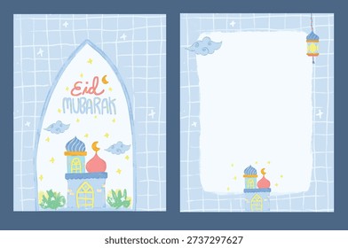 Cute set of blank template hand drawn blue peach pastel color watercolor moslem eid al fitr adha mubarak greeting card invitation front back cover kids doodle illustration