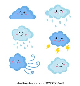 Cute set of blue happy clouds with rain, wind, thunder, lightning and snowflakes