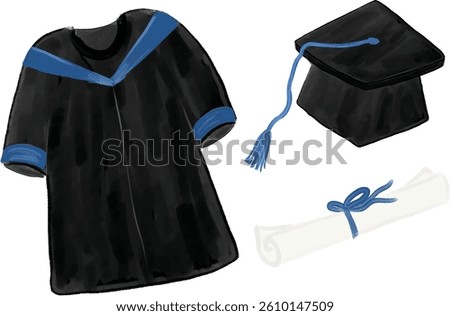 Cute set blue high school college university graduation collections cap hat robe gown paper roll ribbon mortarboard party celebration card design doodle hand drawn illustration watercolor crayon