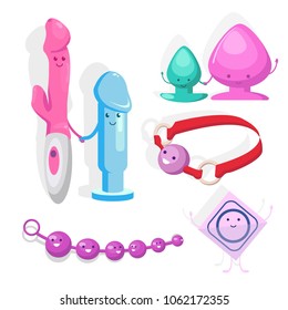 Cute set blue, pink, violet, green sex toys have smiling faces. Vibrators, phallos and anal plugs, gag, anal balls, condom smile and waving hands. Modern vector image isolated on white background