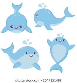 Cute Set of Blue Whales Character Cartoon Illustration Collection Vector