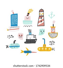 Cute set of boats, red lighthouse and submarines. Cartoon vector illustration. 