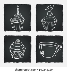 Cute set of bright colorful cupcakes and cup of tea on chalkboard background. Hand drawn vector illustration.
