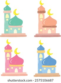 cute set bright pastel soft color mosque moslem islamic pray ramadan eid al fitr adha blue pink peach green mint doodle digital sticker clipart