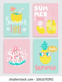 Cute set of bright summer cards with drinks,lemonade,pineapple,watermelon and handdrawn lettering and other fun elements. Perfect for summertime posters, banners, gift,print. Vector illustration.