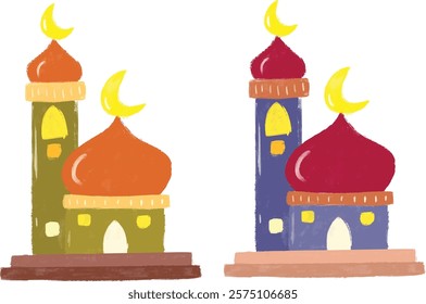 cute set bright vibrant colorful mosque moslem islamic pray ramadan eid al fitr adha red blue green terracotta orange yellow doodle digital sticker clipart