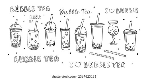 Cute set of bubble tea and lettering. I love bubble tea and yummy drinks banner. Cold tea with tapioca splashing liquid. Doodle style. Hand drawn