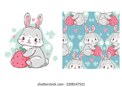 Cute Set Bunny and strawberry Seamless Pattern Little Rabbit vector illustration kids print
