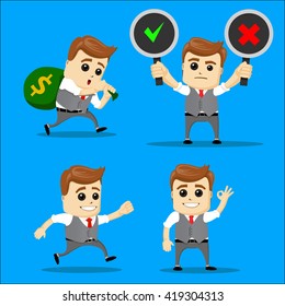 Cute Set - Set of businessman. Vector cartoon illustration - Businessman set. Manager character with choice Yes or No. Manager character running. Manager character with money bag on his back. 