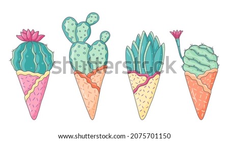 Cute set of cacti in a waffle cone vector illustration isolated on a white background. Ice cream cactus summer collection in cartoon style. Bright succulents kit. 