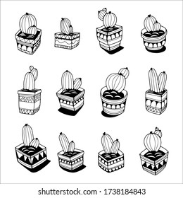 Juego de cactus a macetas. Ilustración vectorial de garabatos con plantas domésticas. Aislado sobre fondo blanco.