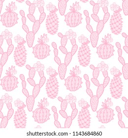 Cute set cactus seamless pattern. Vector illustration hand drawing pink cacti isolated on white background.
