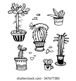 Cute set of cactuse. Hand drawn background. Adult colored book.