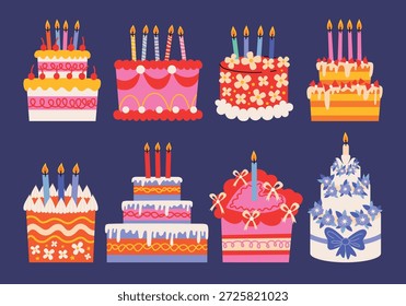 Cute set of cakes in different sizes and shapes with burning candles for birthday, wedding and holiday. Vector colorful stickers collection of sweet cheesecakes, cupcakes, bento cakes, desserts, confectionery.