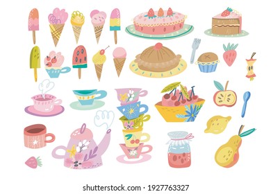 Cute Set of cakes, ice cream, tea cups and deserts in lovely color palette.	