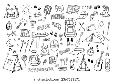 Cute set of camping and hiking elements in doodle style. Picnic, travel accessories and equipment. Travel design. Adventure. Hand drawn. Vector illustration isolated on white background.