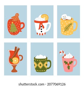 Cute set card winter cozy hot drink. Hot chocolate, hot cocoa, hot mulled wine for christmas and new year postcard, typography poster. Vector illustration in flat style.