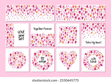 Cute set of cards background with hand drawn hearts