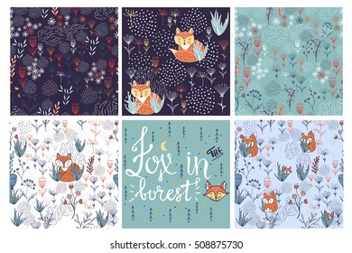 Cute set with cards with fox,grass,flowers,floral elements.Kid animals illustration.It may be used for design of  postcard, a poster and so on.