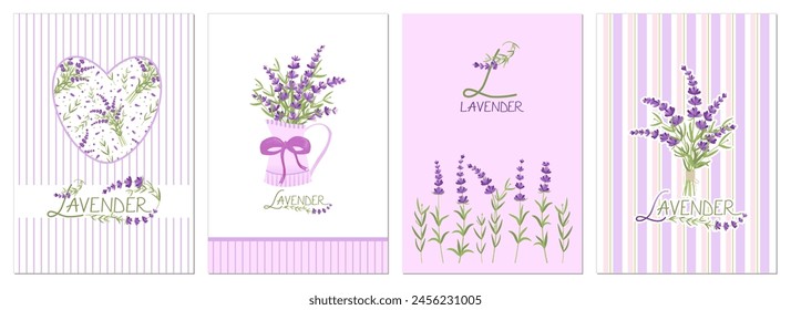 Lindo juego de cartas con flores de lavanda. Provenza. Ilustración vectorial aislada sobre fondo blanco. Para póster, tarjeta, scrapbooking, pegatinas