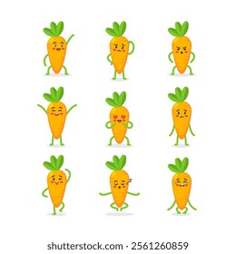 Cute set of carrot mascot in different poses in flat style. Motion and emotion animation. Cheerful, thoughtful, angry, happy, in love, sad, crazy, sleepy, crying