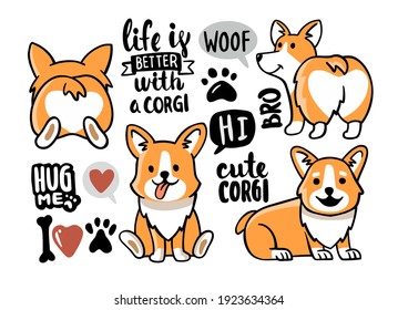 Cute set of cartoon animals Corgi stickers. Vector collection in doodle style element with notes and lettering. Summer design, child print on t-shirt. 