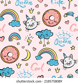 CUTE SET CARTOON ANIMALS Hand Drawn Doodle Style Sketch With Animals Sweets And Handwriting Phrases Vector Elements Unicorn Cat Rainbow Donut Seamless Pattern