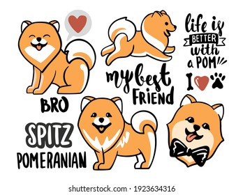 Cute set of cartoon animals spitz stickers. Vector collection in doodle style element with notes and lettering. Summer Pomeranian design, child print on t-shirt. 